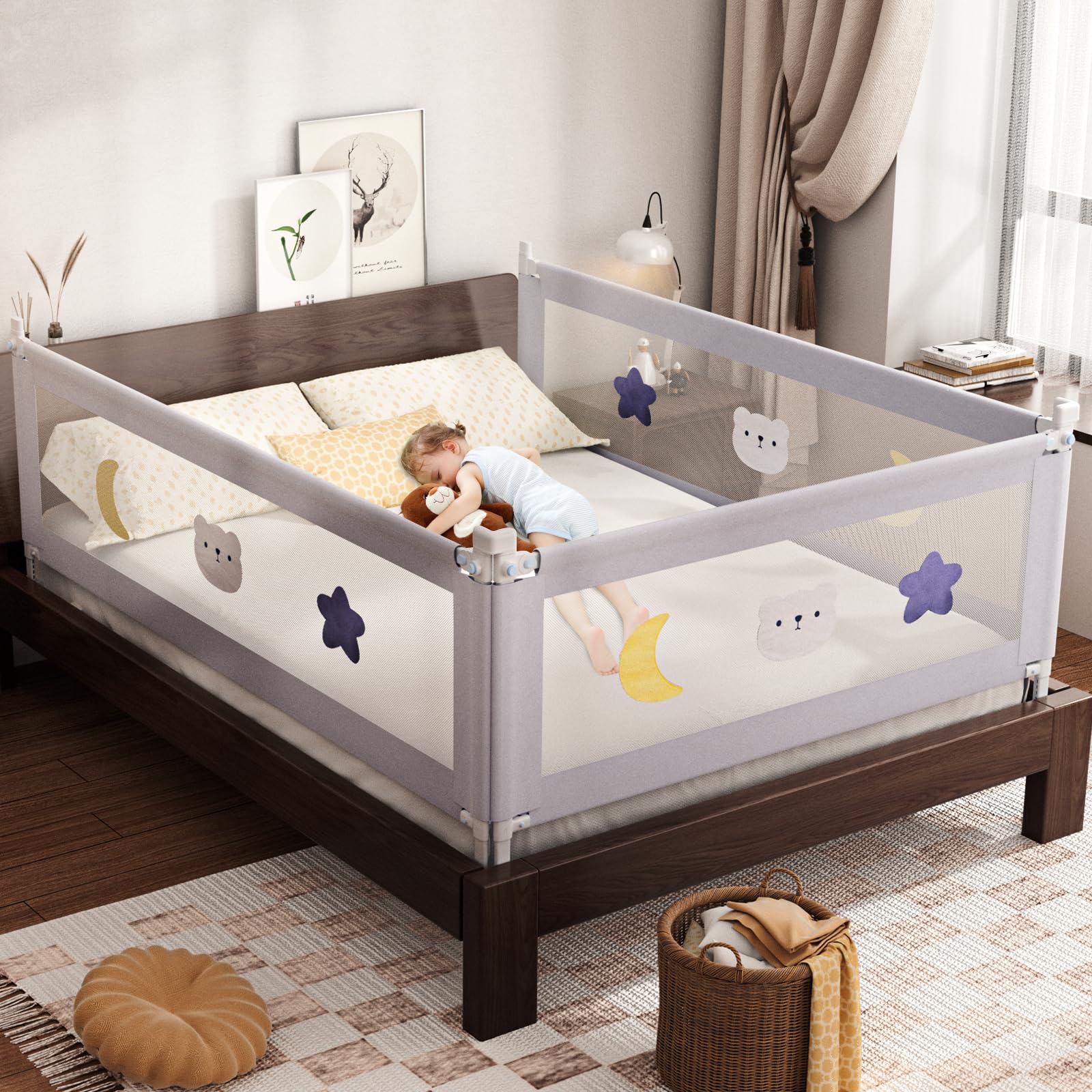 Omzer 3 Pack Toddler Bed Rails with Double Child Lock