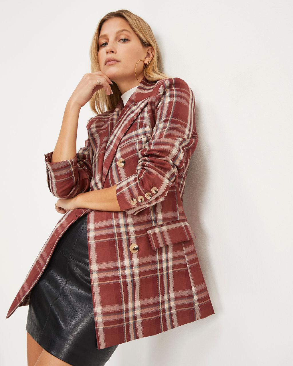 Nadia Pocketed Plaid Blazer - Burgundy - Se7enfashion