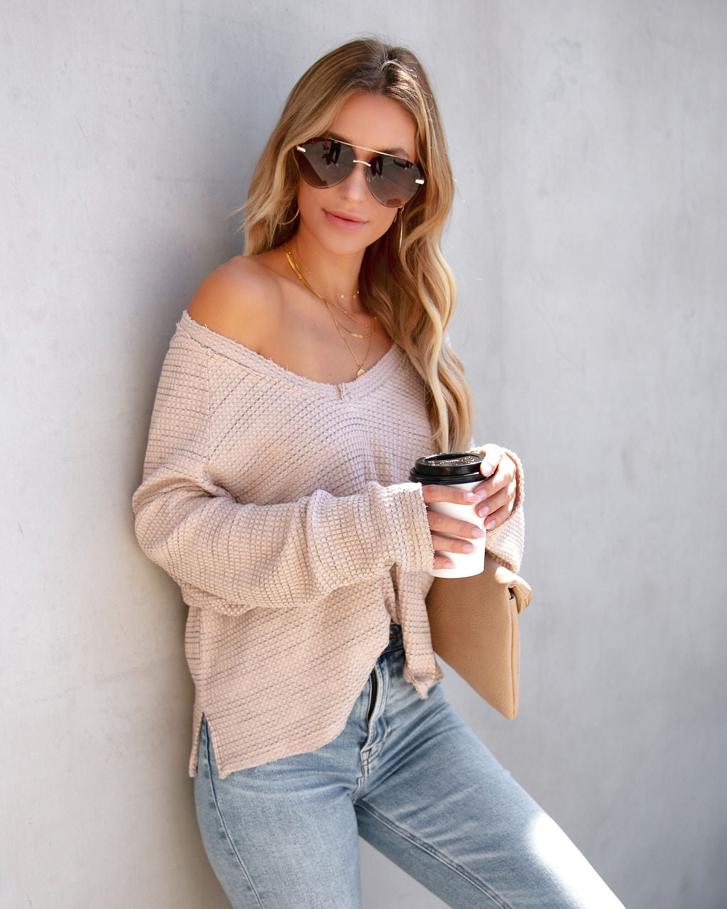 Kylie Waffle Knit Frayed Long Sleeve Top - Oatmeal - SALE - Se7enfashion