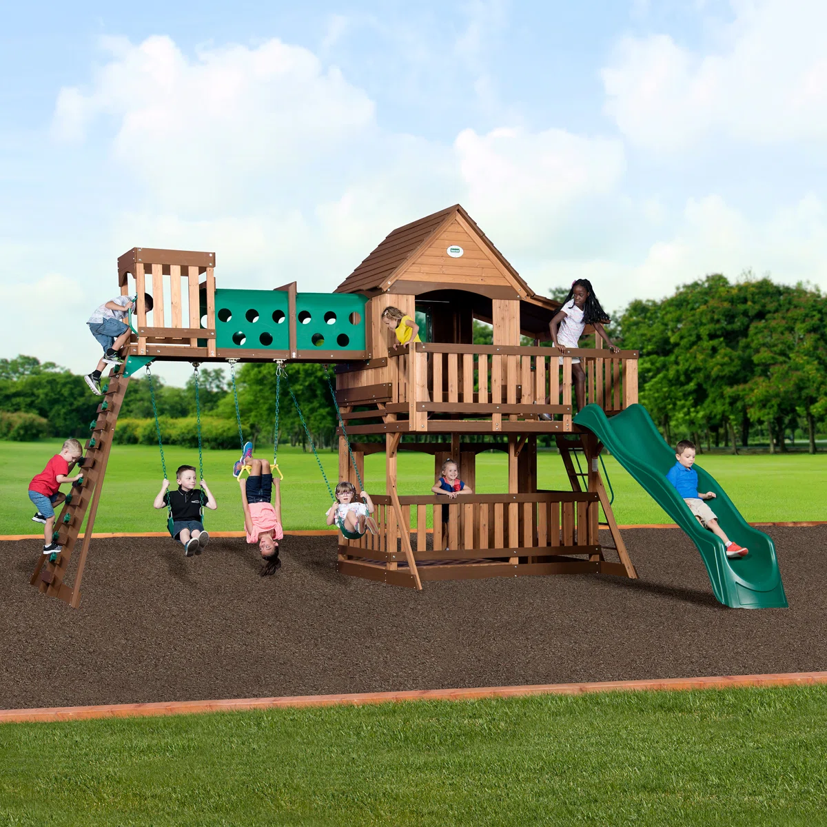 WAYFAIR Backyard Discovery Woodridge Elite Cedar Wood Swing Set With Wave Slide, Clubhouse, Crawl Tunnel, And Crow'S Nest