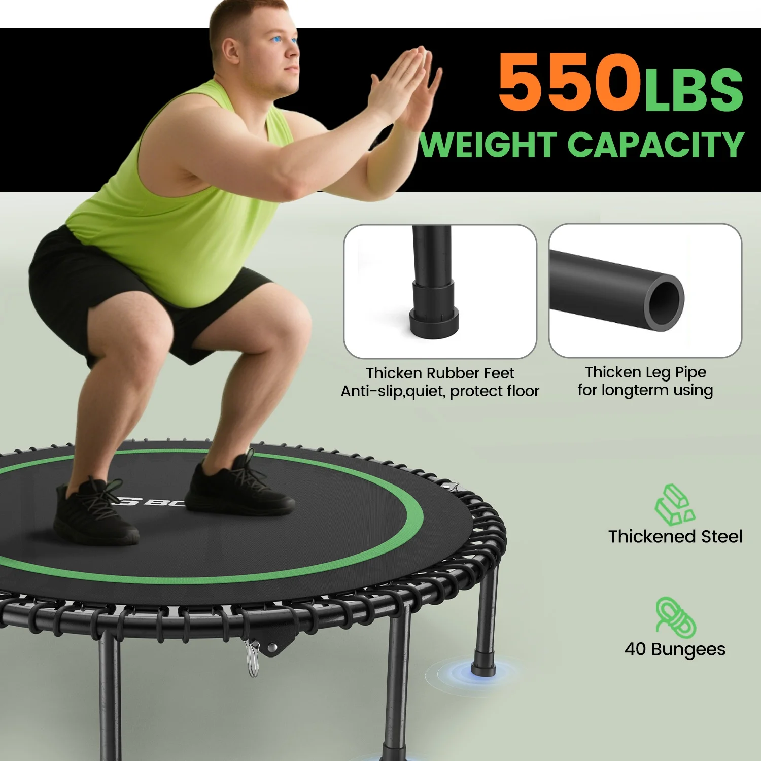 BCAN 450 LBS Foldable Mini Trampoline, 40" Fitness Trampoline with Bungees, Stable & Quiet Exercise Rebounder for Kids/Adults - Image 12