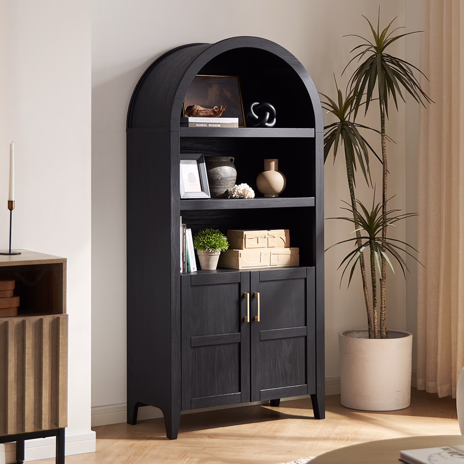 mopio Lauren 65.4" Arched Cabinet, 5-Tier Arched Bookcase with Doors and Shelves, Arched Bookshelf with Storage, Kitchen Pantry Cabinet, Wooden Storage Cabinet for Living Room, Kitchen (Oak) - Image 3