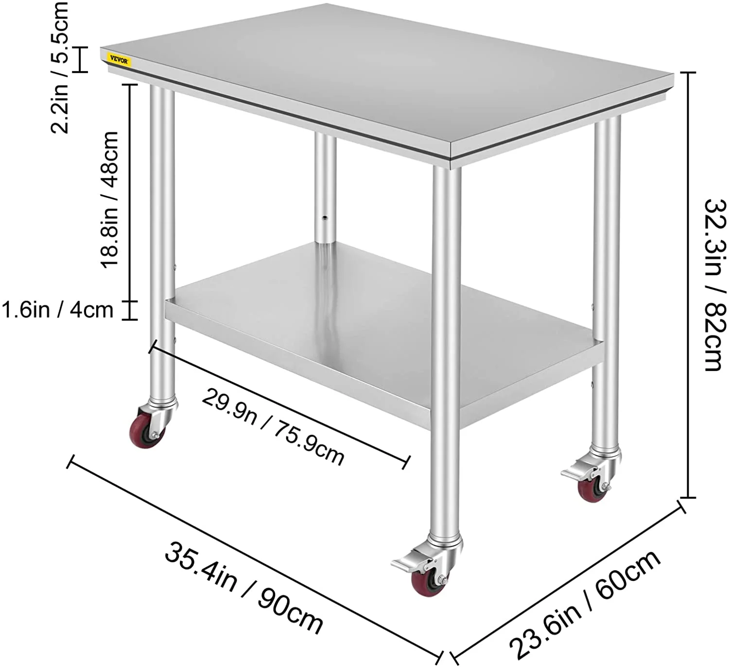 VEVOR Stainless Steel Work Table 36 x 24 inch with 4 Wheels Commercial Food Prep Worktable with Casters Heavy Duty Work Table for Commercial Kitchen Restaurant - Image 9