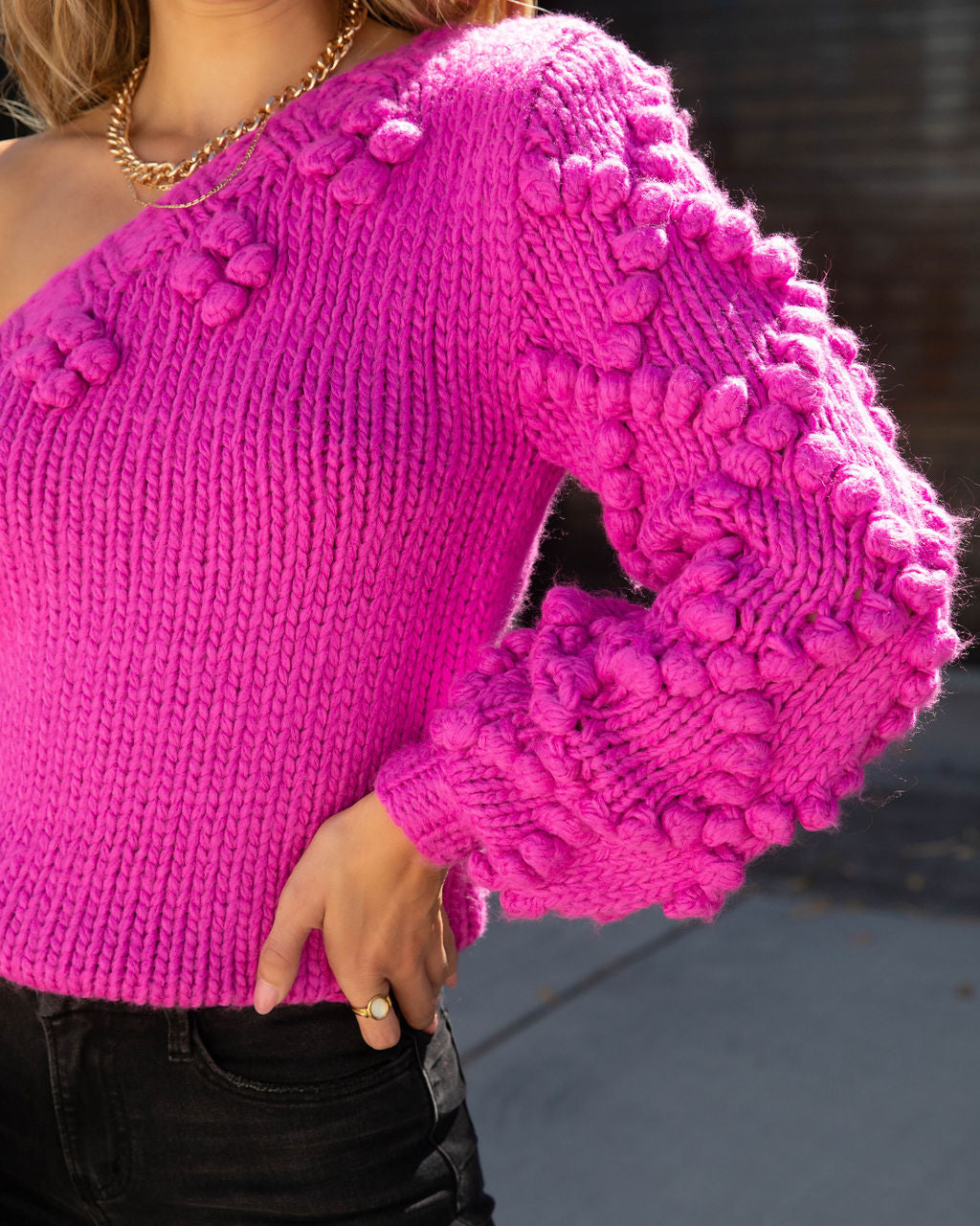 Juniper One Shoulder Knit Pom Sweater - Pink - SALE - Se7enfashion