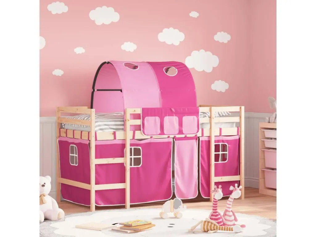 Cama altillo infantil con túnel rosa 90x200cm madera maciza de pino uvn2252515