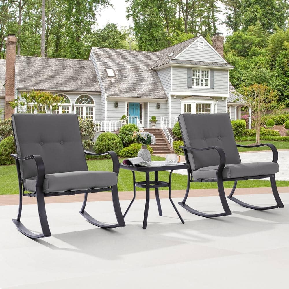 WAYFAIR Sonkuki - 3-Piece Metal Frame Outdoor Bistro Set 2 Rocking Chairs With Cushions And Tempered Glass Side Table