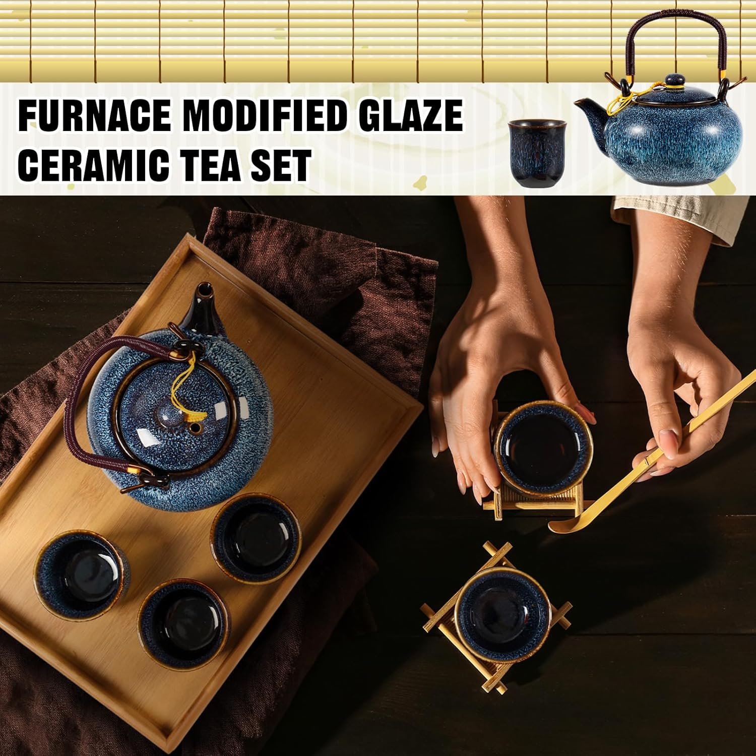 Layhit Japanese Asian Tea Set for Adults with 1 Teapot 6 Cups 1 Tray, 22 oz Traditional Portable Japanese Kiln Altered Glaze Porcelain Tea Set for Women Mother's Day Gifts(Blue)