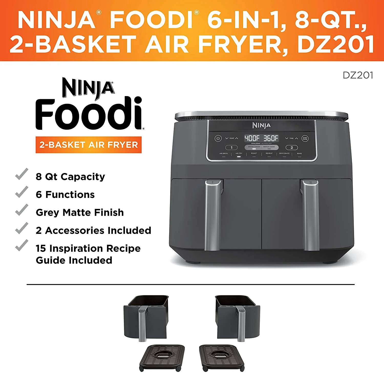 Restored Ninja DZ201 Foodi 6-in-1 2-Basket Air Fryer with DualZone Technology, 8-Quart Capacity, and a Dark Grey Stainless Finish (Refurbished) - Image 7