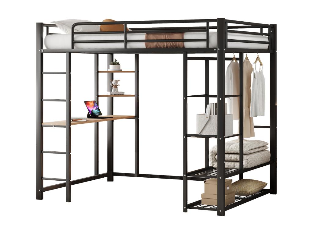 Cama entrepiso de Nidolux 140x200 cm- con mesa y estantes- Negro