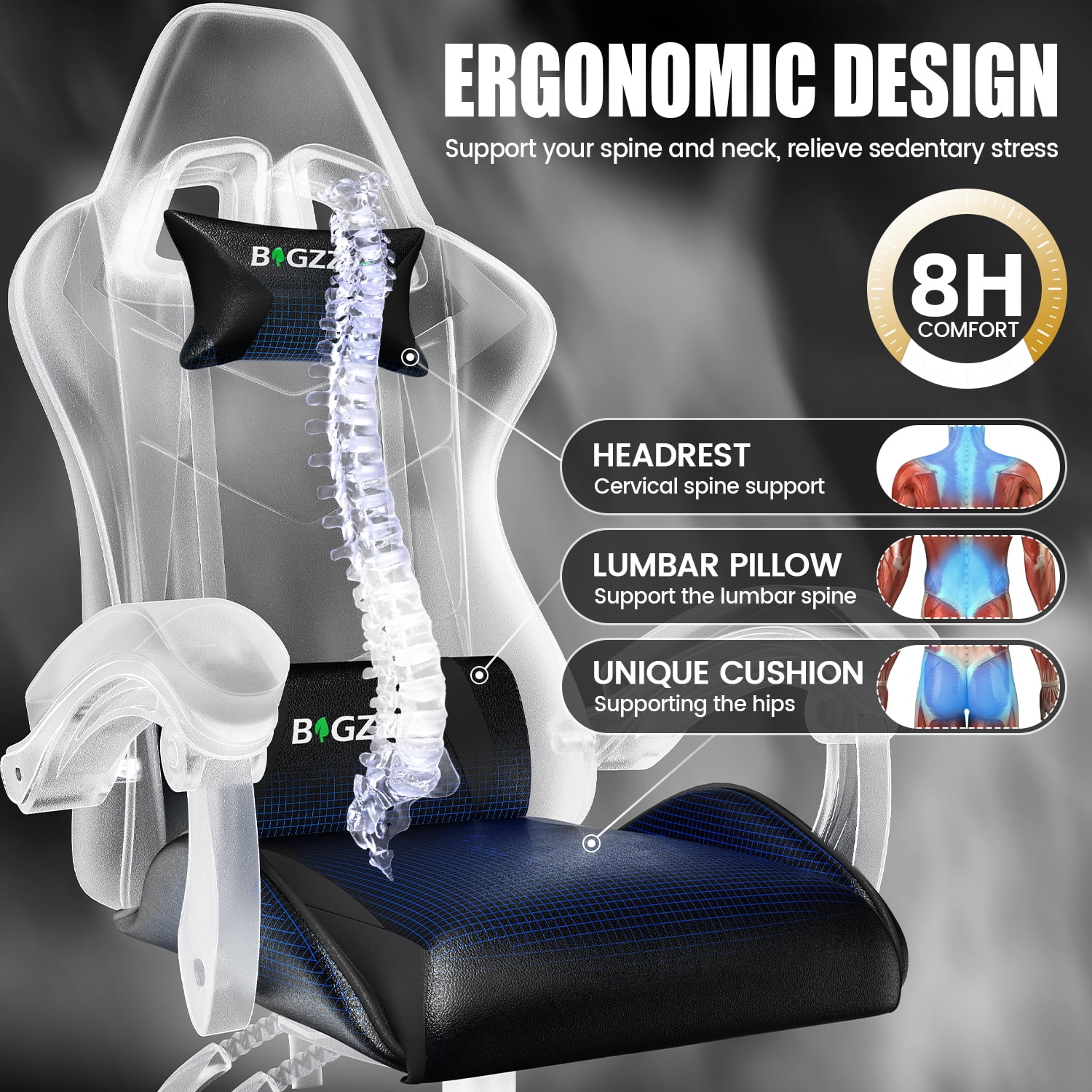 Bigzzia Gaming Chair Office Chair, Ergonomic Game Chair with Height Adjustable Headrest and Lumbar Support for Adults Teens, Black & White - Image 85