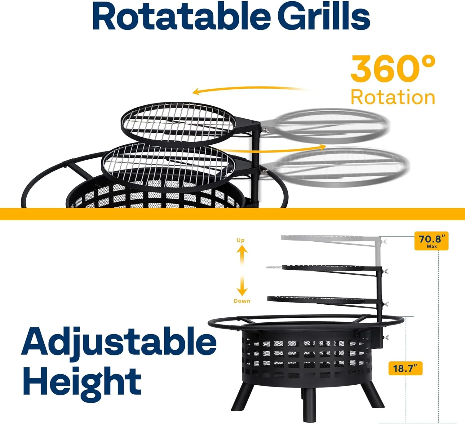 SPECSTAR 3-in-1 Fire Pit-35 in Wood Burning Firepits with Cooking Grill Grate & Charcoal Pan & Cover Lid, Metal Table for Backyard Bonfire BBQ Outdoor Camping Picnic - Image 10