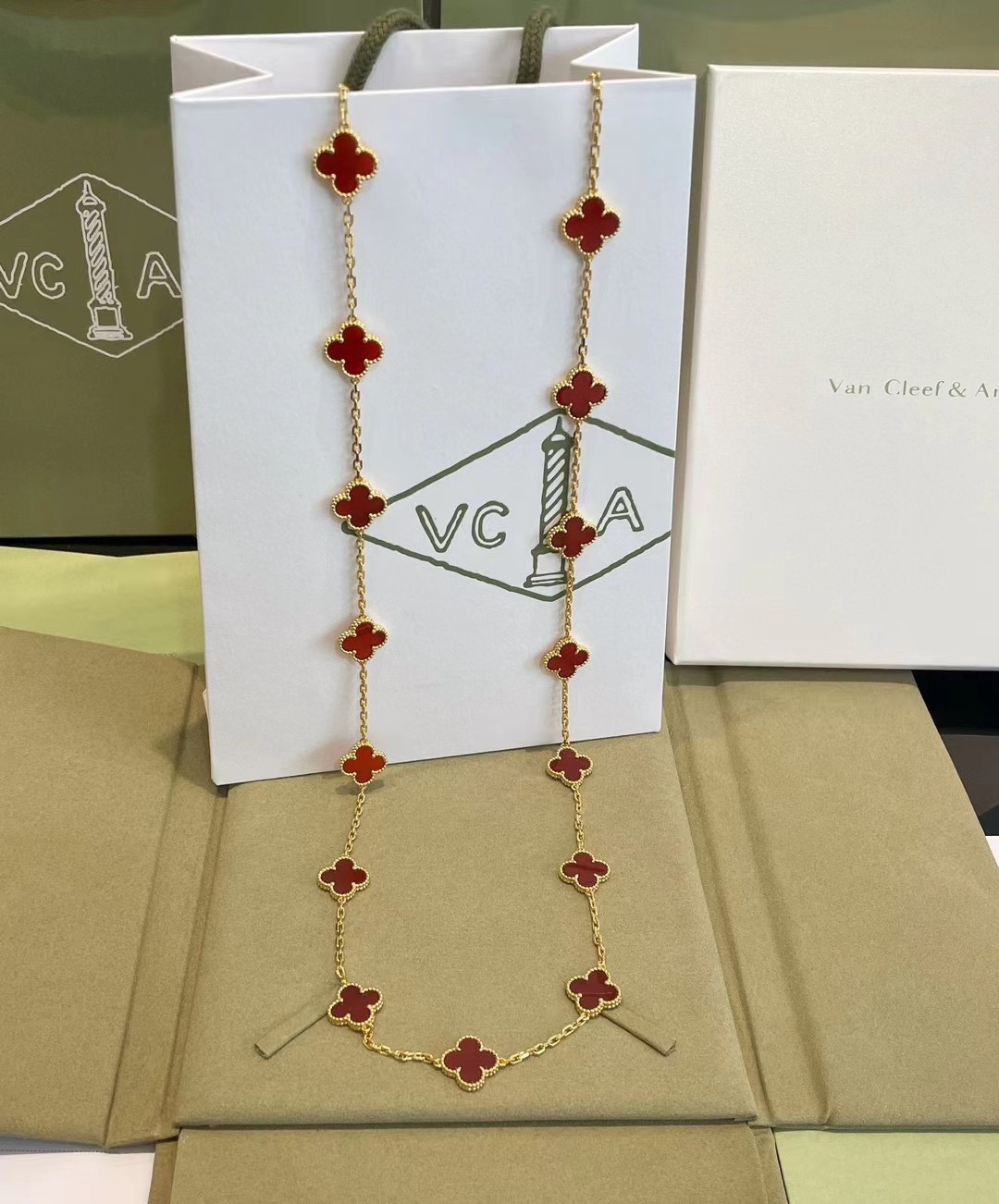 VCA Yellow Gold 20 Carnelian Clover Vintage Alhambra Long Necklace - Original Replica Club