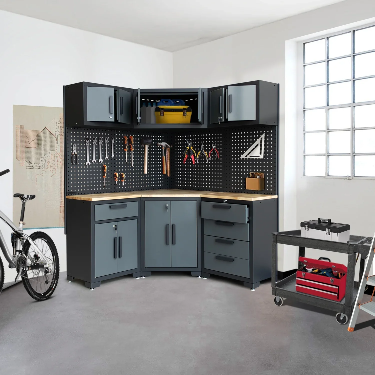HPDMC 7-Piece Metal Garage Cabinet System With 4-Drawer Roller Cabinet, 47.2 in Workbench And Pegboards - Image 15 HPDMC 7-Piece Metal Garage Cabinet System With 4-Drawer Roller Cabinet, 47.2 in Workbench And Pegboards - Image 15