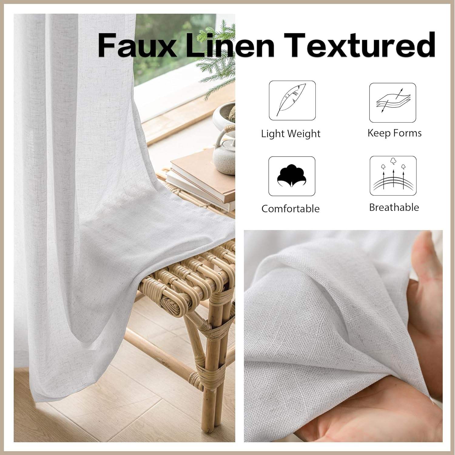 Lightweight White Linen Look Curtains Breathable Flax Fabric Polyester for Home and Hotel Use
