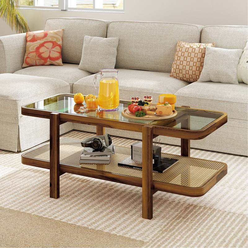 Eletriclife 2-Tier Coffee Table with Storage and Tempered Glass Tabletop