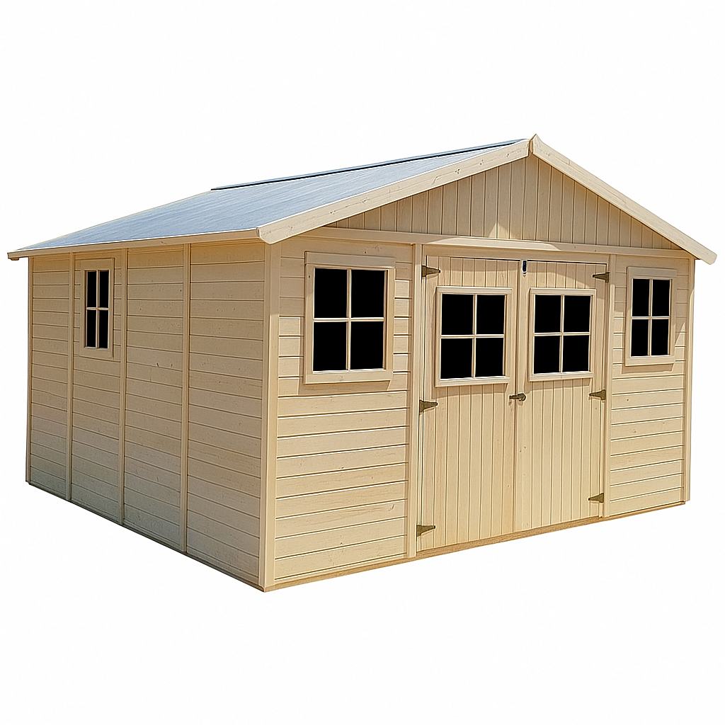 Caseta de jardín de madera, almacenamiento exterior con ventanas y techo a dos aguas, 330 × 250 × 235 cm, color natural, ideal para guardar herramientas, equipos de jardinería y mobiliario