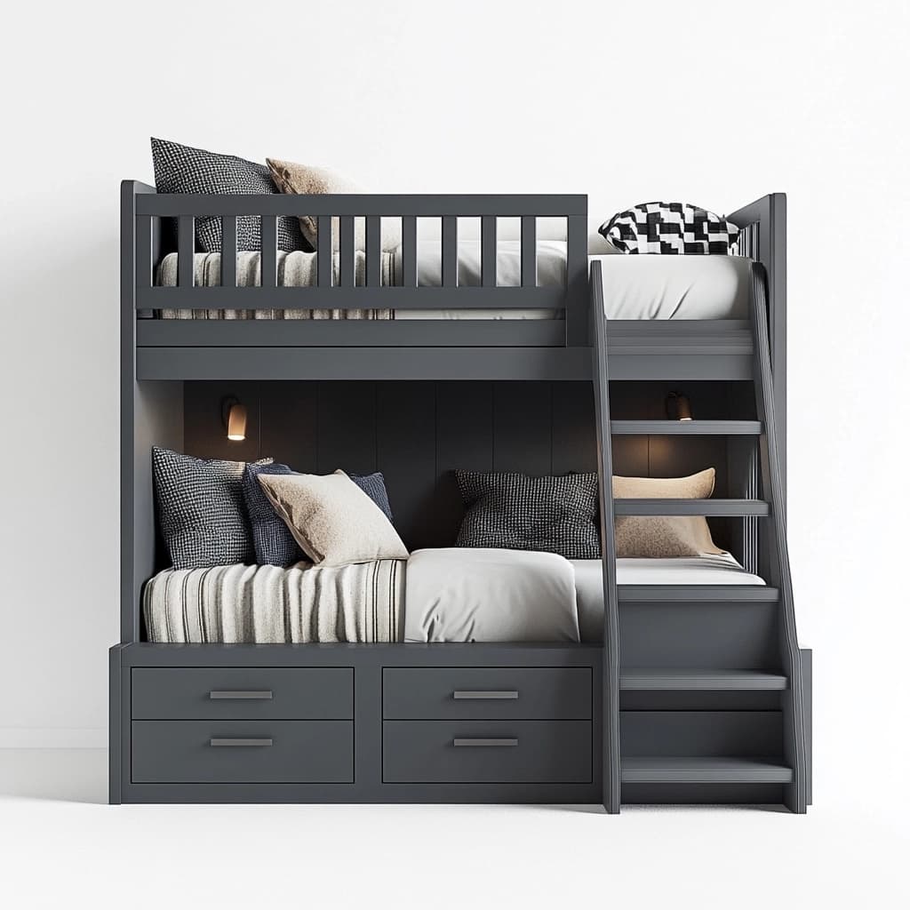 Cama litera rectangular madera maciza dos niveles cajones Gris