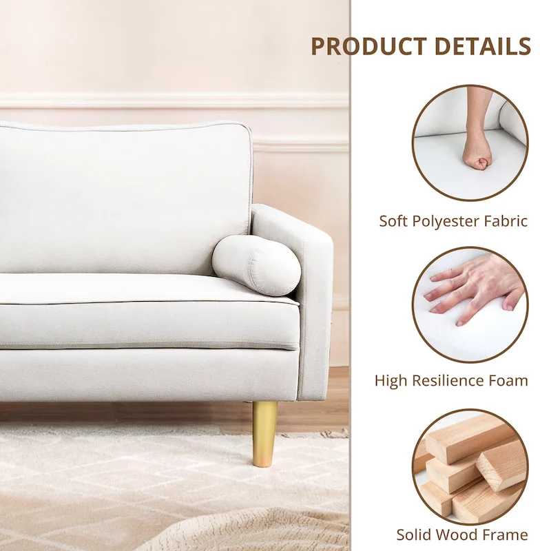 Elegant 65-Inch Orange Polyester 2-Seater Loveseat with Side Pockets and Round Cushions