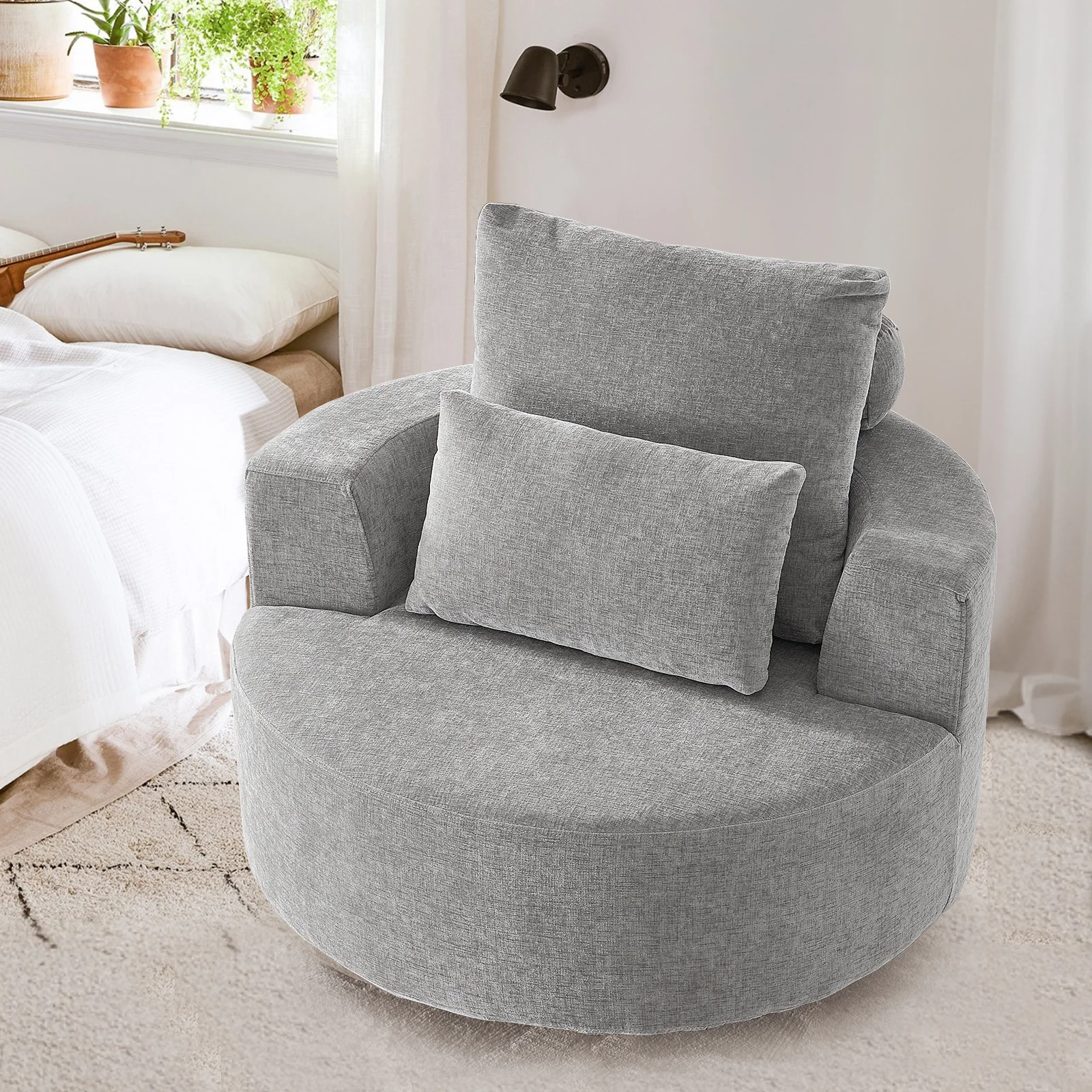 Fumahaus Upholstered Swivel Accent Chair, Oversized Comfy Round Sofa Chair with Two Pillows, Leisure Sofa Chair for Living Room Bedroom, Beige - Image 16