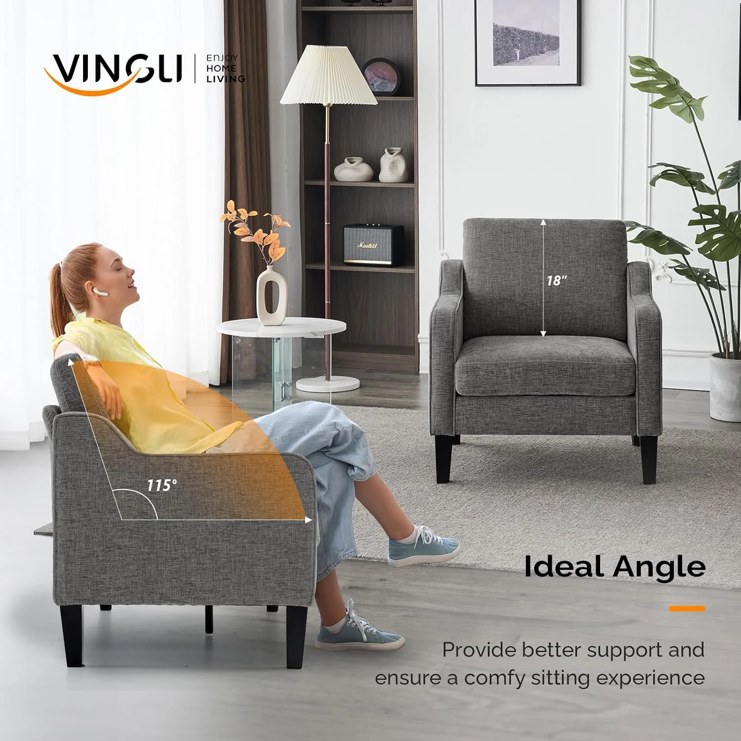 VINGLI Mid Century Modern Chenille Comfy Armchair, Creamy White - Image 28