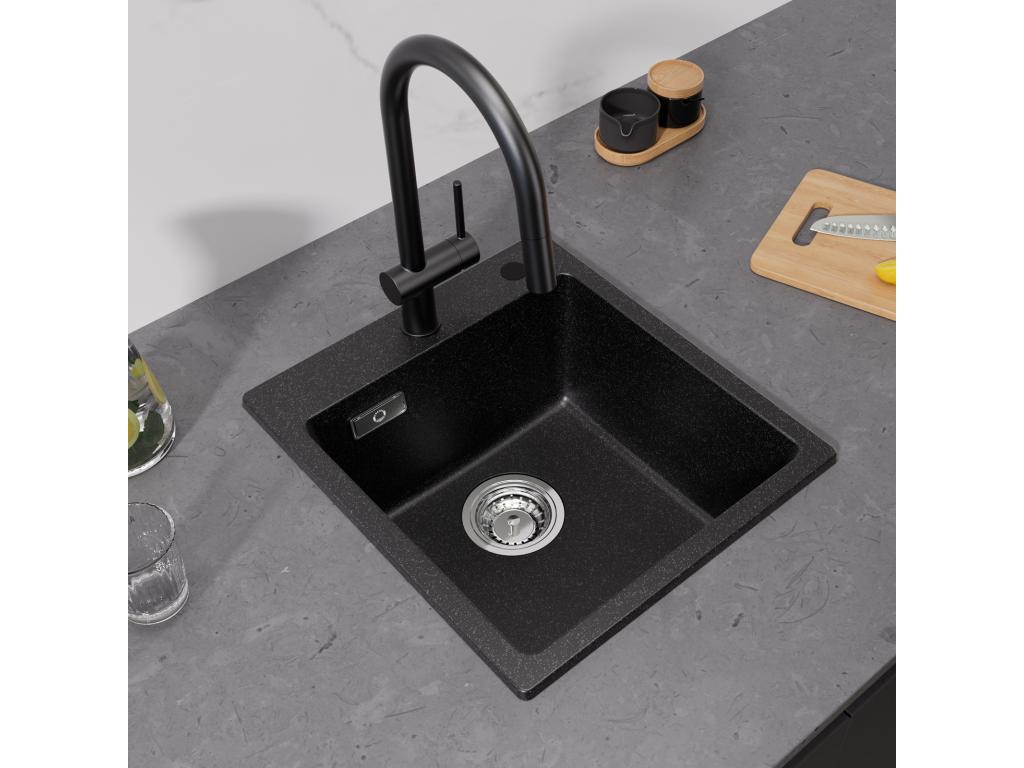 Fregadero de cocina Casaplu 40x45 cm negro en cuarzo y resina 1 seno + mezclador de cocina de acero inoxidable negro
