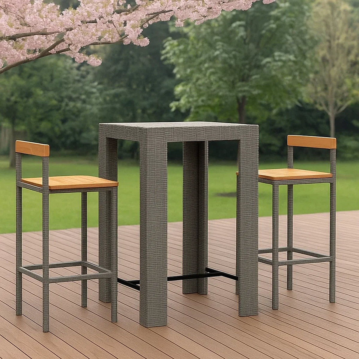 Conjunto de bar para jardín 3 pzas ratán sintético gris y madera – mesa alta y 2 taburetes