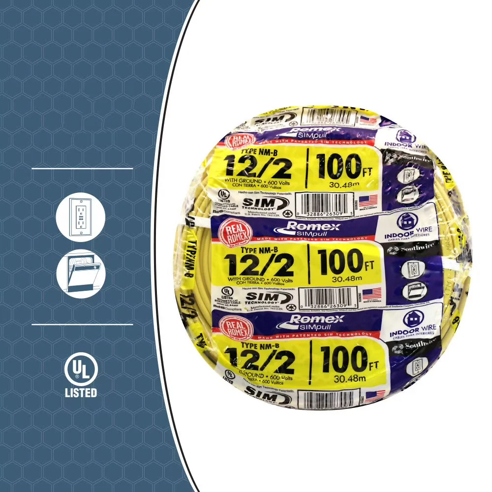 Southwire 12/2 100' Yellow NM-B Indoor Electrical Wire With Ground - 28828228