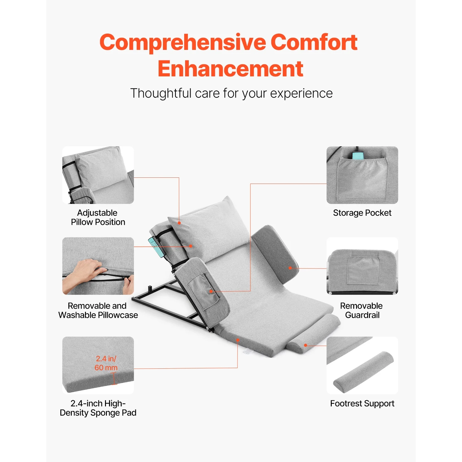 KFFKFF Electric Adjustable Bed Backrest, 300 lbs Capacity, 4-68- Incline, with Armrest & Storage Pocket, Machine Washable, Ideal for Pregnant Women, Elderly, and Patients - Image 5