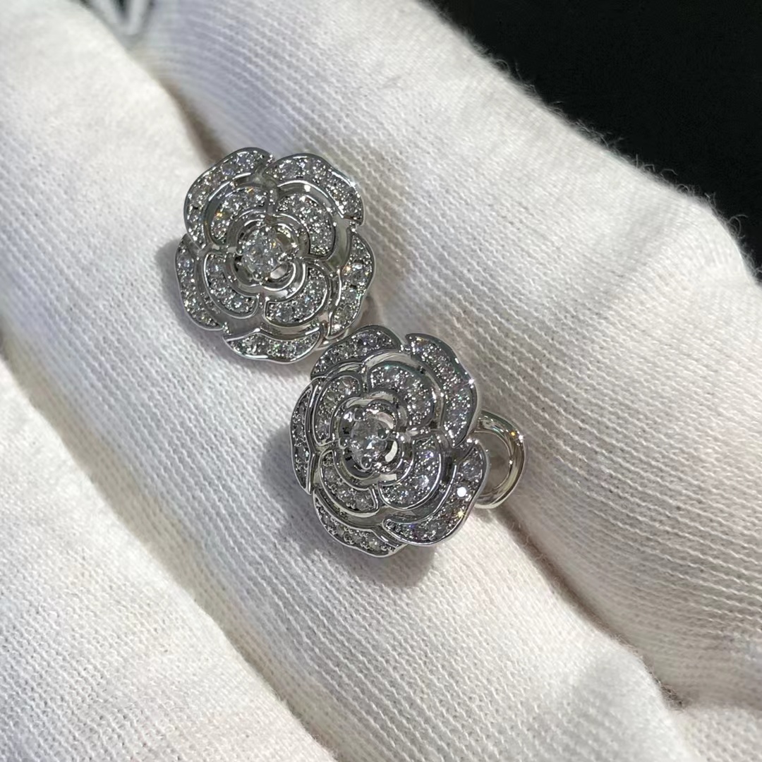 Chanel Diamond Camellia Stud Earrings - Original Replica Club
