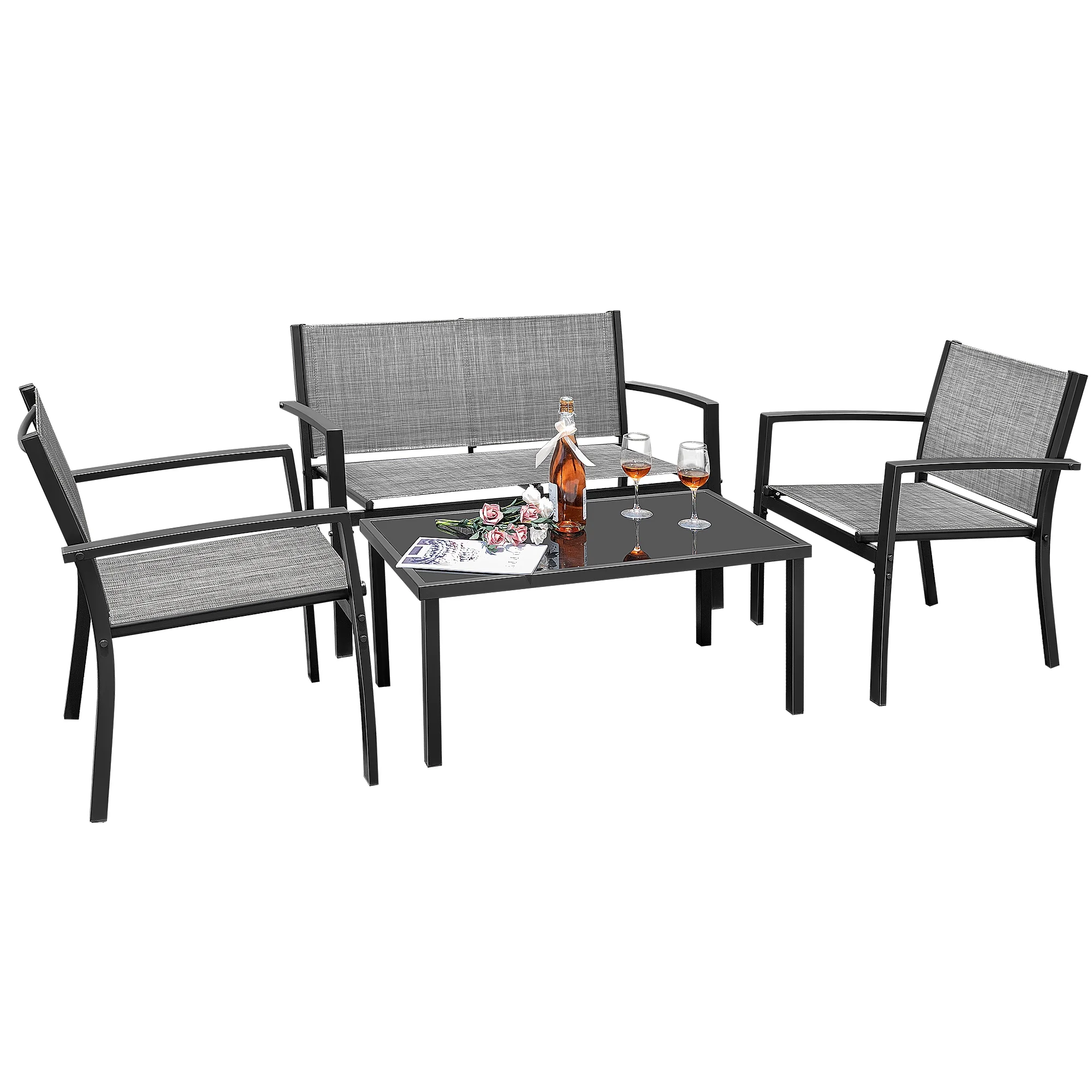 LACOO 4 Pieces Outdoor Furniture Set Patio Textilene Steel Conversation Set with Loveseat Tea Table for Lawn and Balcony, Black - Image 15