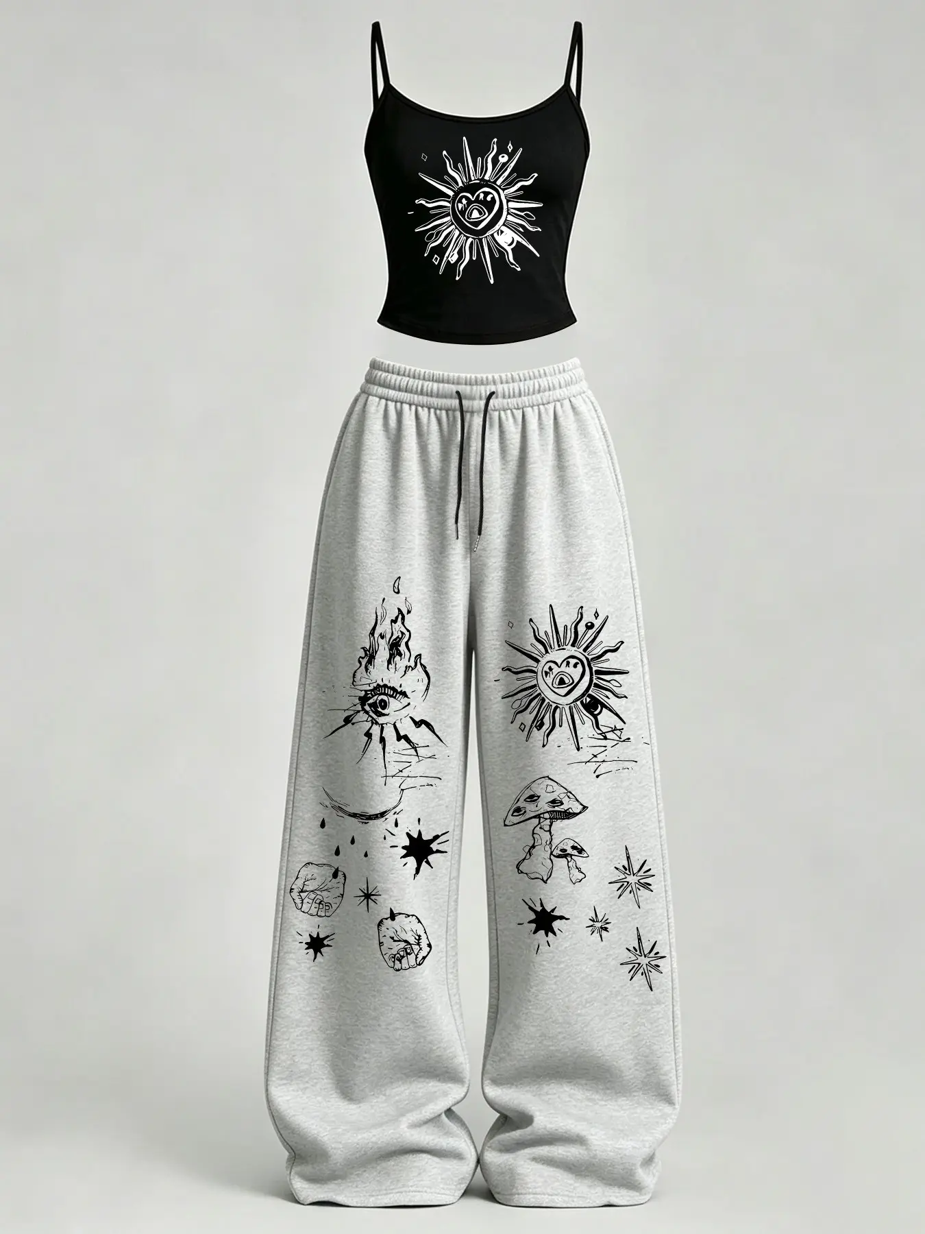 Women's Casual Home Wear Set, Sun Totem Print Slim Fit Tank Top + Loose Pants TeeThreads Sustain the Scene with Custom Apparel