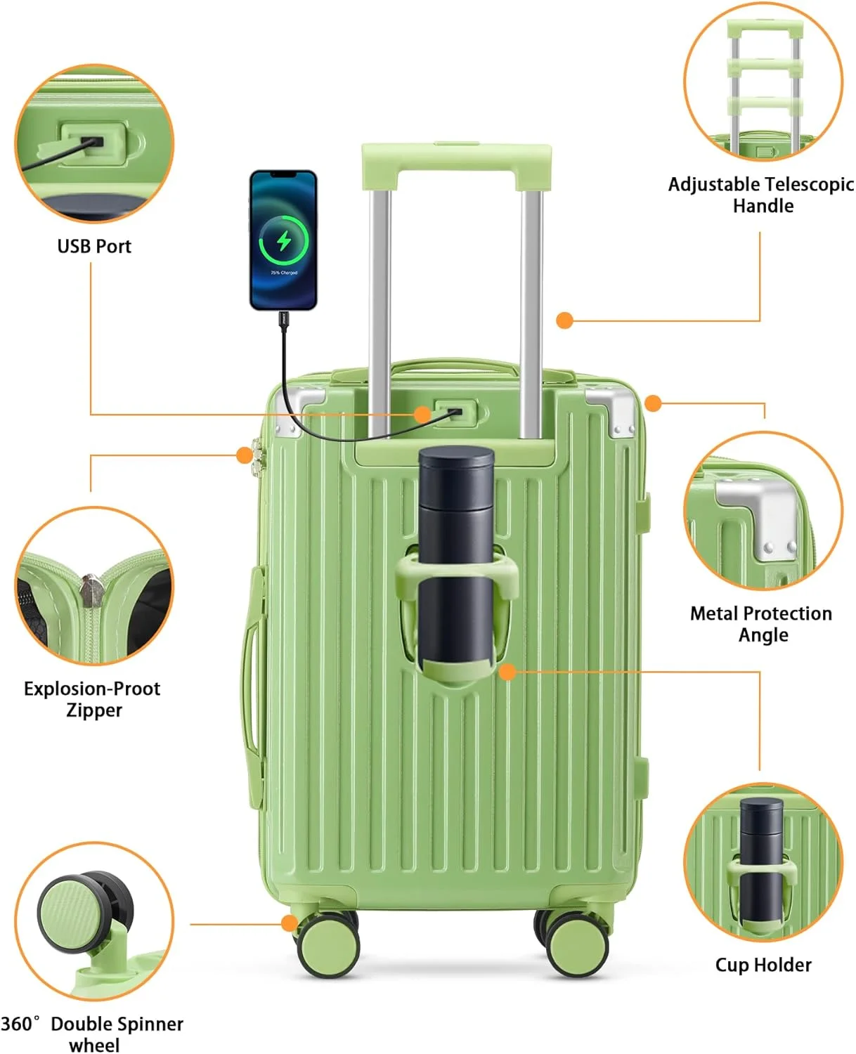 20 Inch Carry On Luggage With Cup Holder & USB Port, Airline Approved TSA-locked Luggage, Lightweight PC Material Travel Suitcase With 360- Spinner Wheel - Image 8