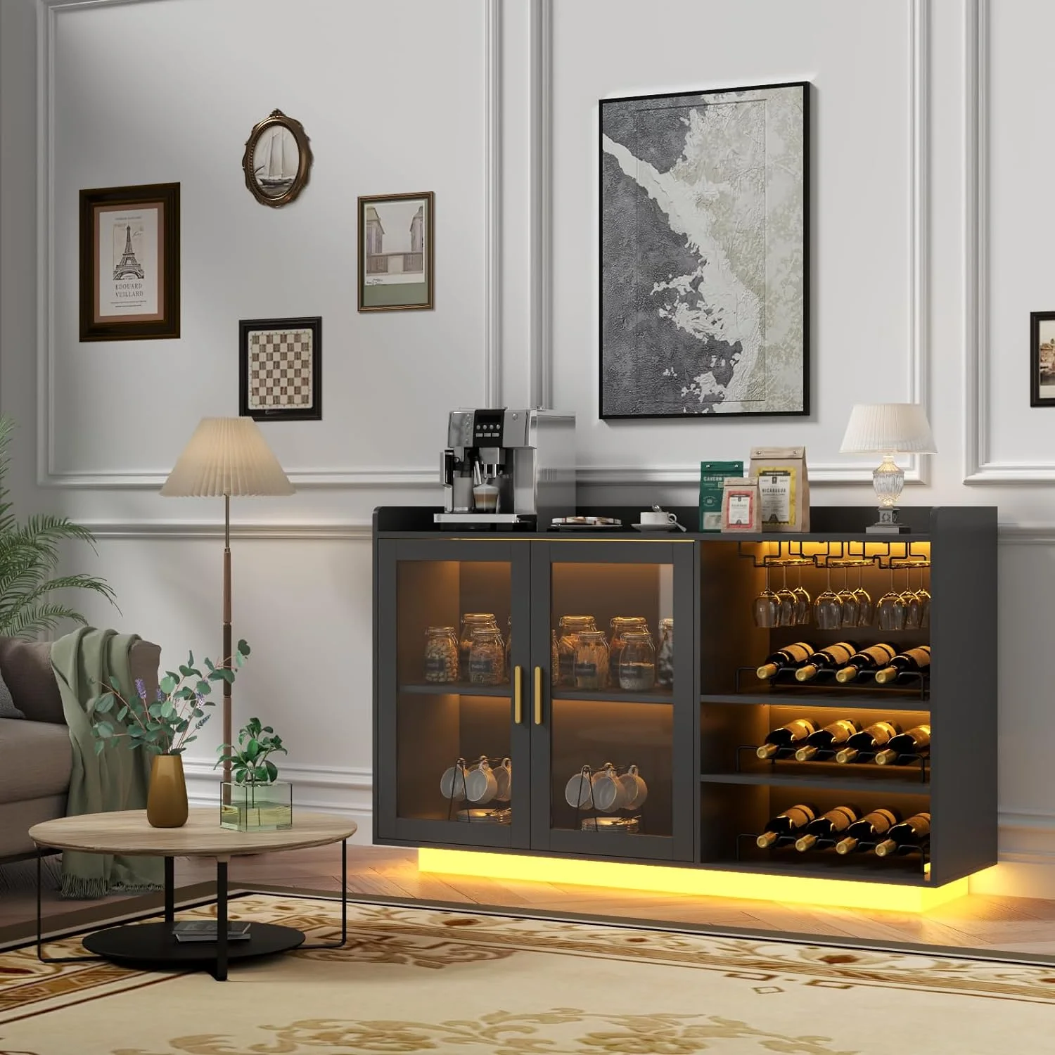 Wine Bar Cabinet with LED Lights, Floating Coffee Bar with Glass Rack and Removable Wine Racks, Modern Buffet Sideboard with Storage Shelves, Kithchen Bar with Glass Cabinet Doors - Image 4