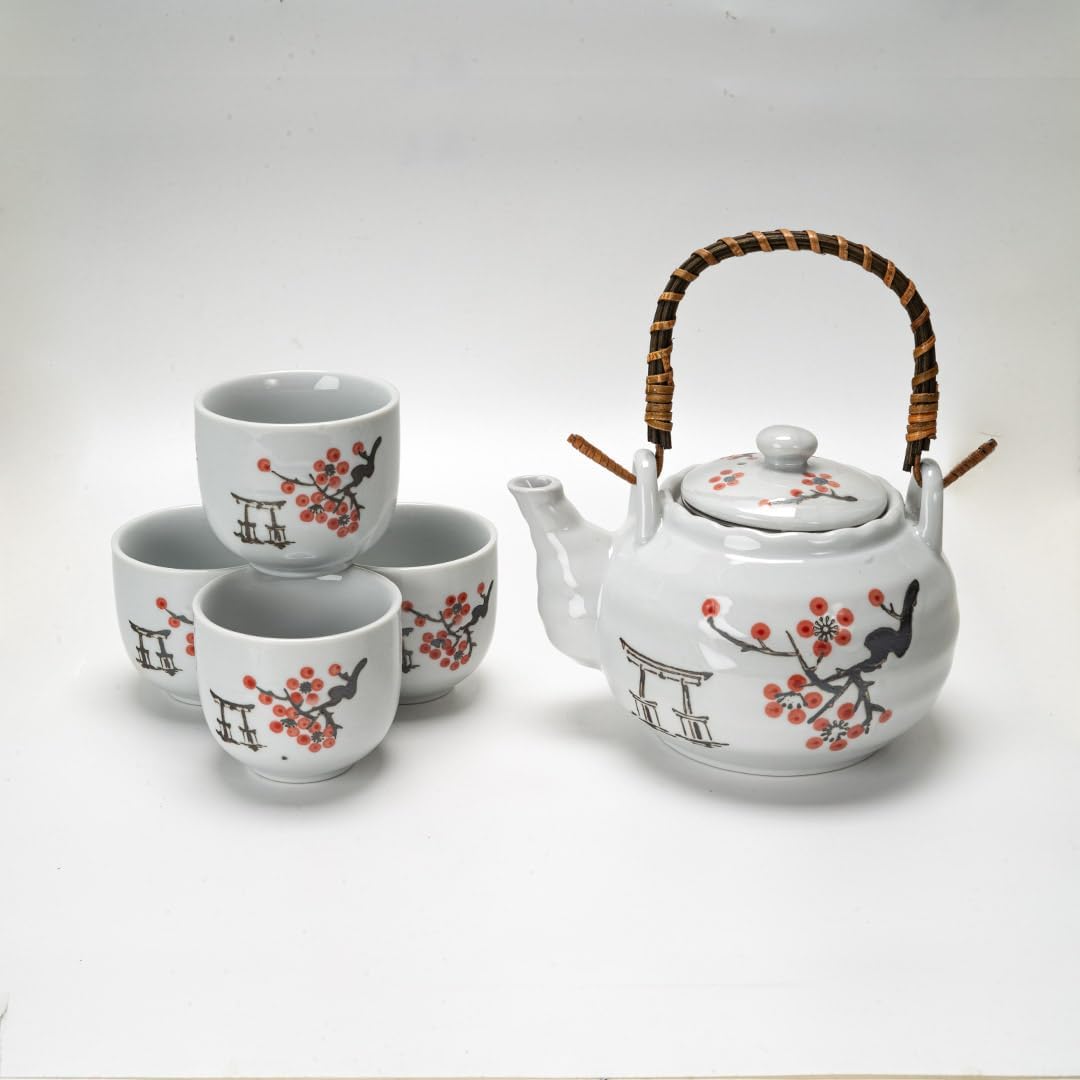 Urban Tokyo Japanese Cherry Blossom Torii Gate Design Tea Set, 22 oz Ceramic Teapot with 4 Cups, White with Bamboo Handle