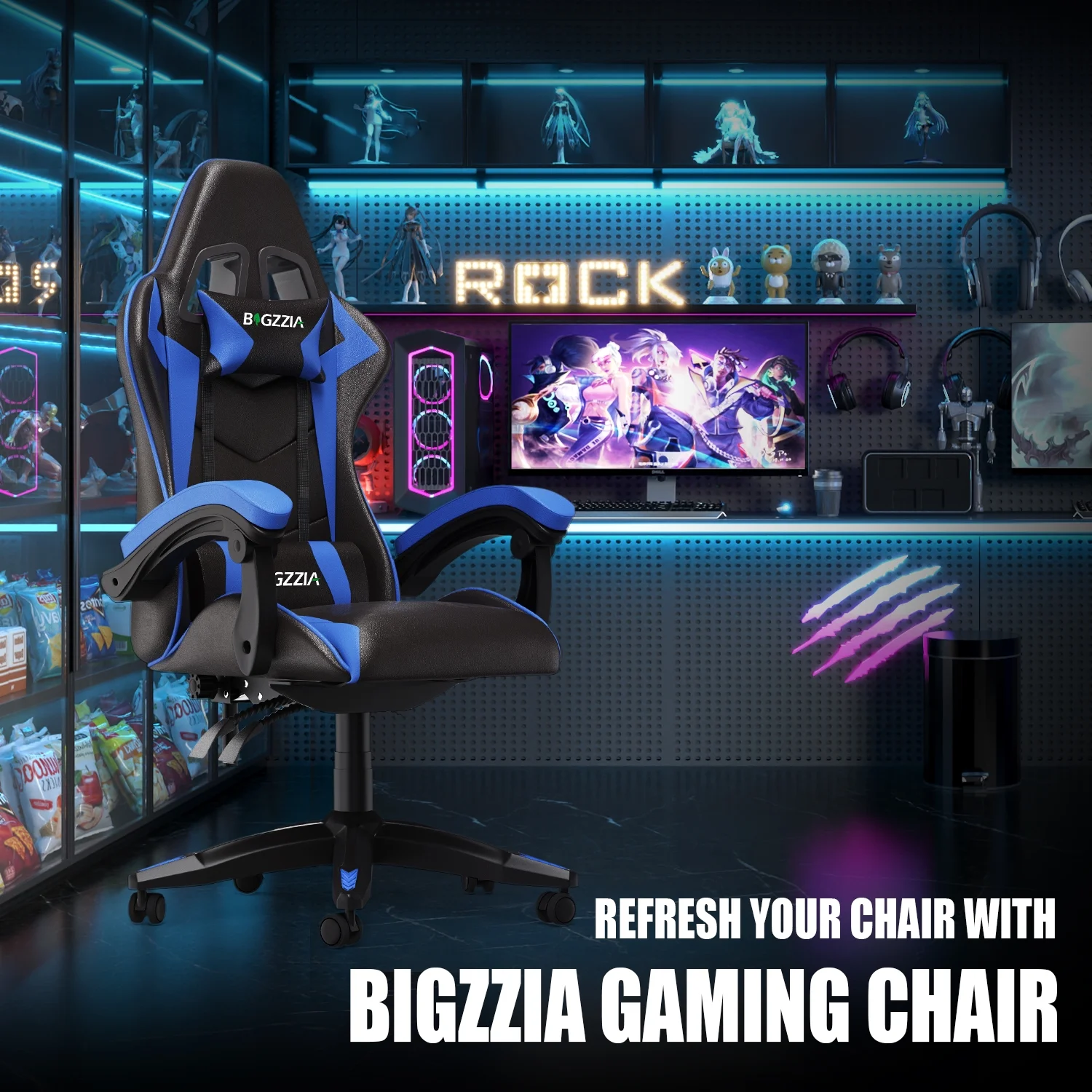 Bigzzia Gaming Chair Office Chair, Ergonomic Game Chair with Height Adjustable Headrest and Lumbar Support for Adults Teens, Black & White - Image 71