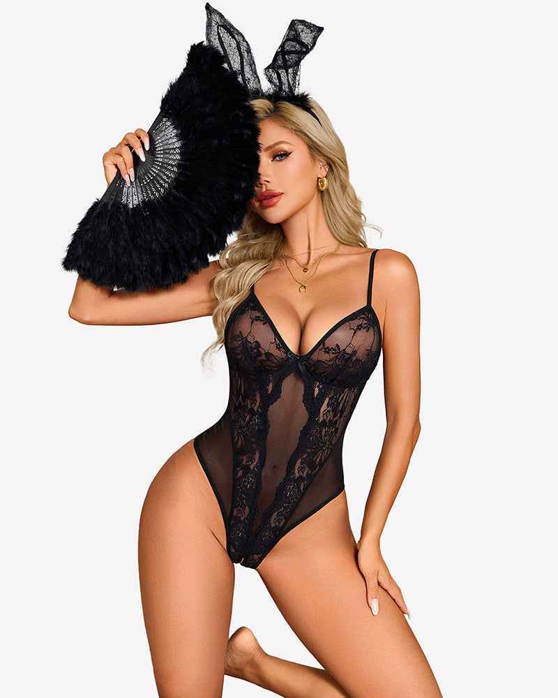 V Neck Lace Teddy Bodysuit One Piece