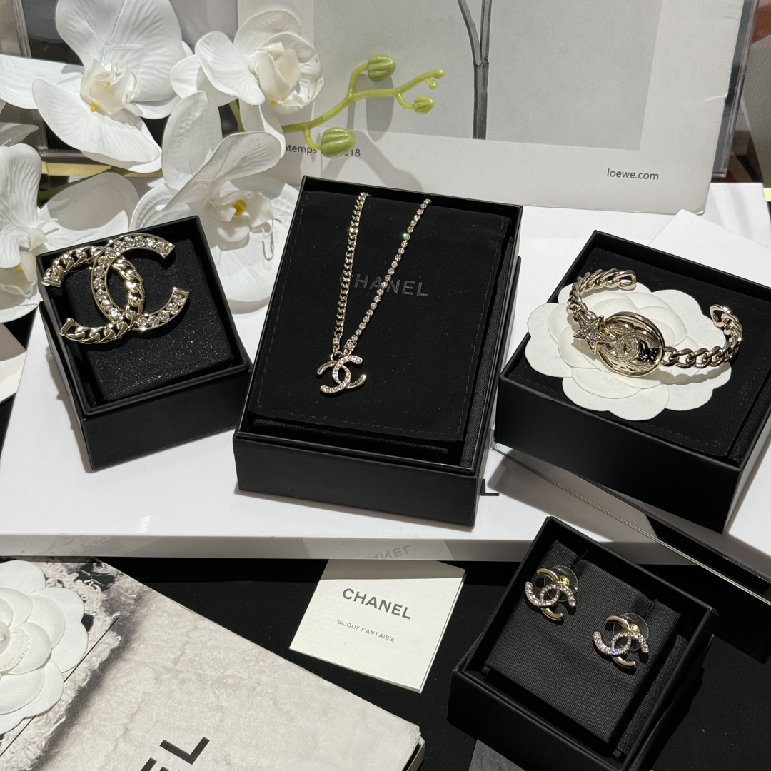 Chanel Light Gold CC Brooch Bracelet Bangle Earrings Necklace - Original Replica Club