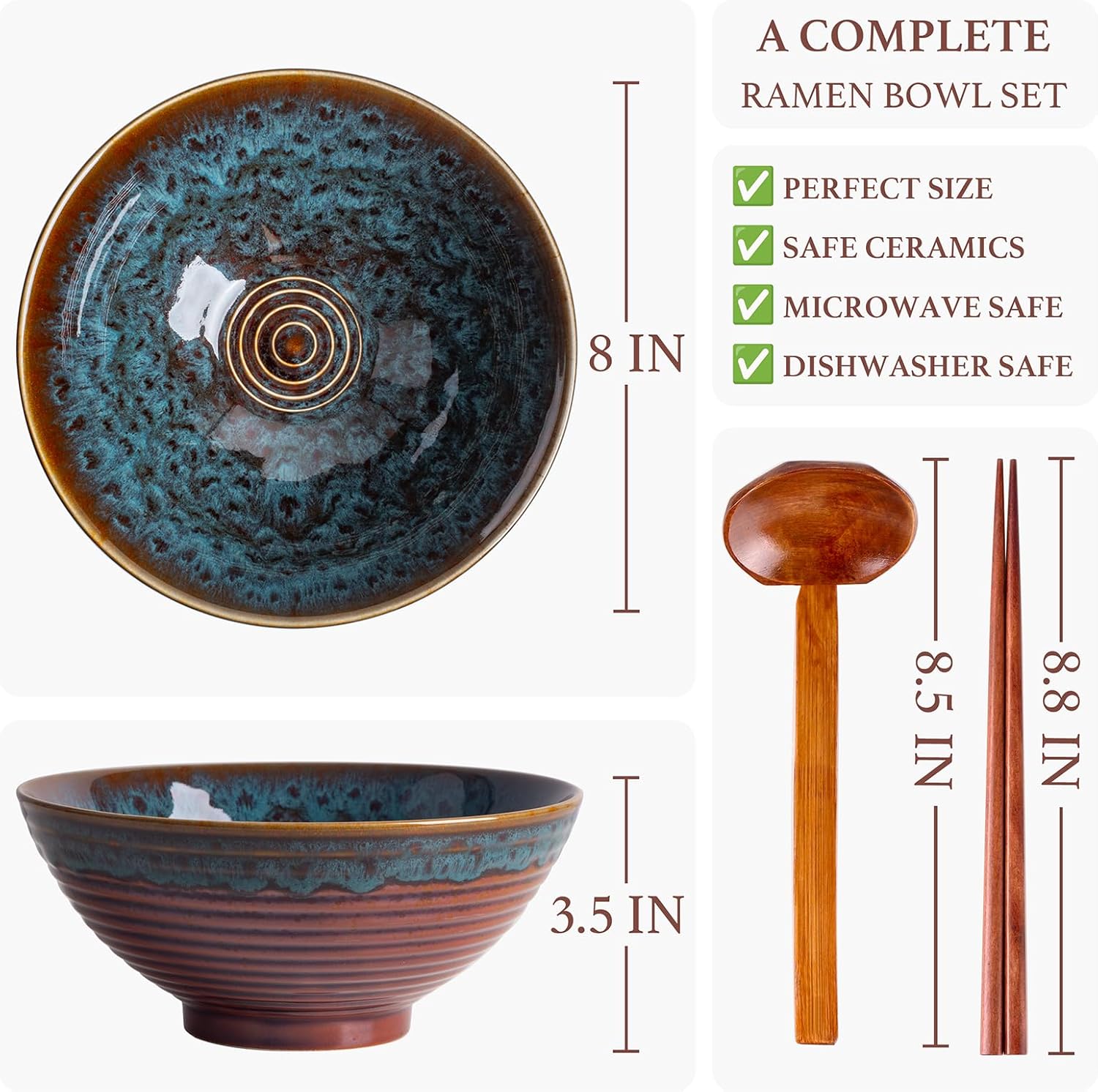 40oz Japanese Ceramic Ramen Bowl Set of 2 with Chopsticks and Spoons for Pho Udon Asian Soup Noodles (Peacock Tail)