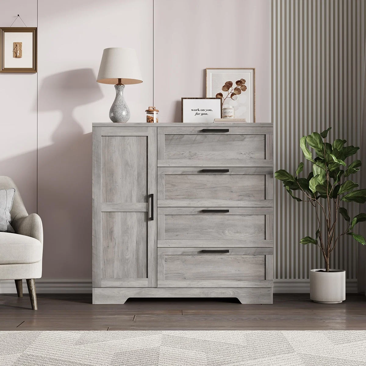 Ataucjin Wood Armoire Wardrobe Closet with 4 Drawers and Door, 43.3" H Bedroom Wardrobe Cabinet with Hanging Rod, Clothing Storage Cabinets, 4 Drawers Dresser with Storage Closet - Image 11