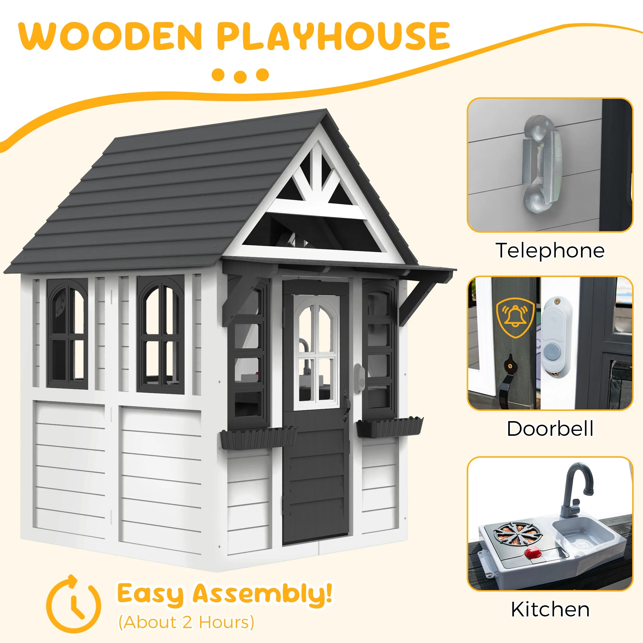 COCLUB Outdoor Playhouse for Kids Ages 4-8, Wooden Play House with Doorbell, Phone, Kitchen Toys, Outdoor Kids Play Equipment, Casa Para Ni?as (45-L x 65-H), White & Black - Image 4