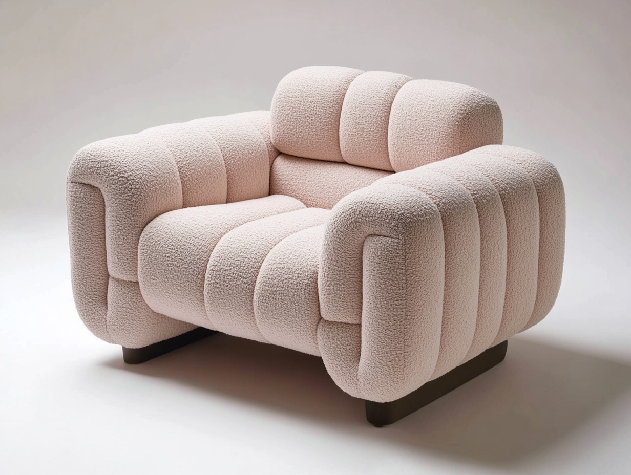 Sillón tapizado en bouclé rosa claro – diseño redondeado – patas ocultas