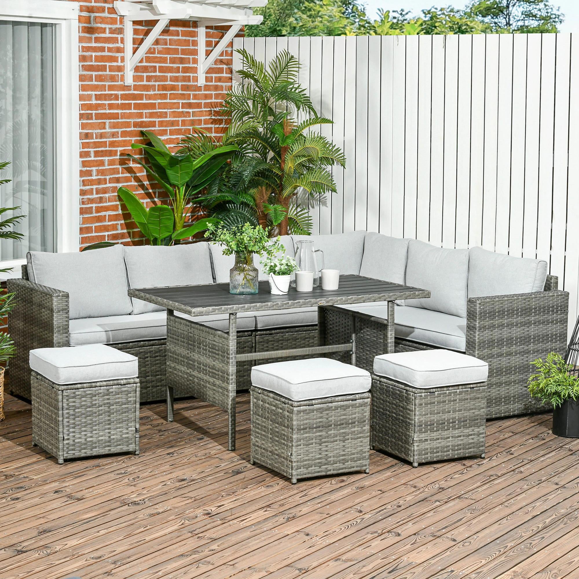 Resenkos Wicker Outdoor Patio Furniture Set, L-Shaped 7 Pieces Outdoor Dining Sectional Sofa, Gray - Image 12