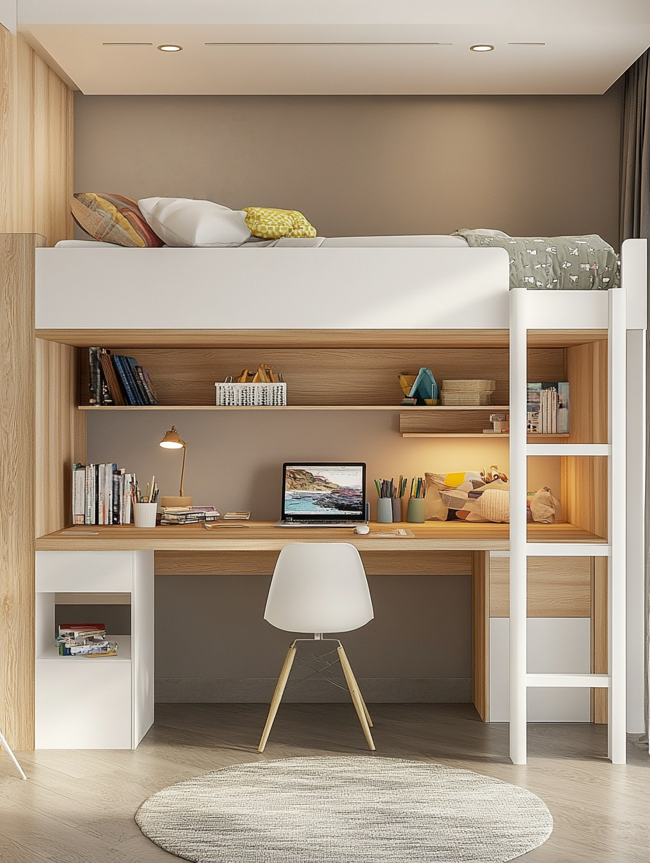 Cama alta niño con escritorio y estanterías,color blanco y roble,melamina,dormitorio infantil,206x183x110 cm