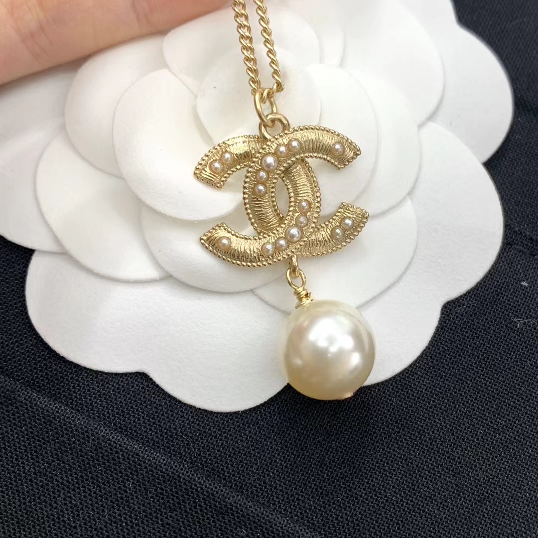 Chanel Sweater Double C Pearl Dangle Necklace - Original Replica Club