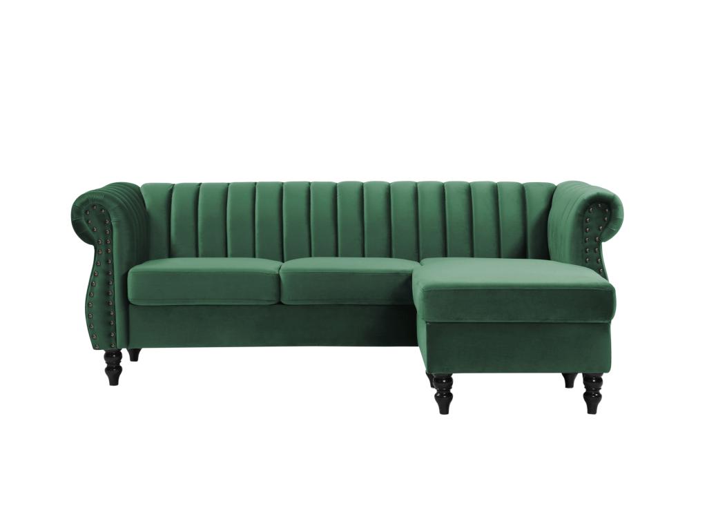 Sofá rinconero reversible terciopelo verde pino estilo charme francés