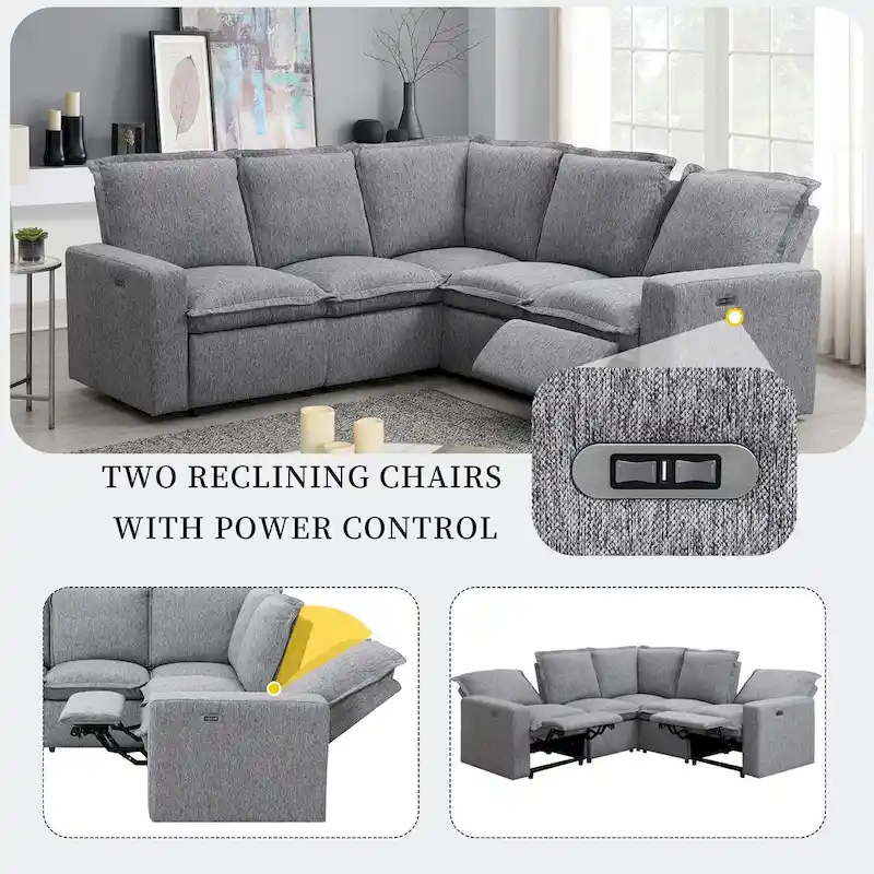 Linen Upholstered Power Recliner L-Shaped Sectional Sofa with USB Port - Soft Home Theater Seating for Living Room