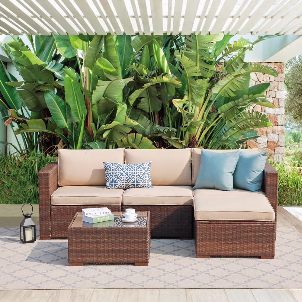 Patiorama 5-Piece Patio Furniture Set, Outdoor Sectional Conversation Set, All-Weather Grey PE Wicker with Light Grey Cushions, Backyard Porch Garden - Image 3