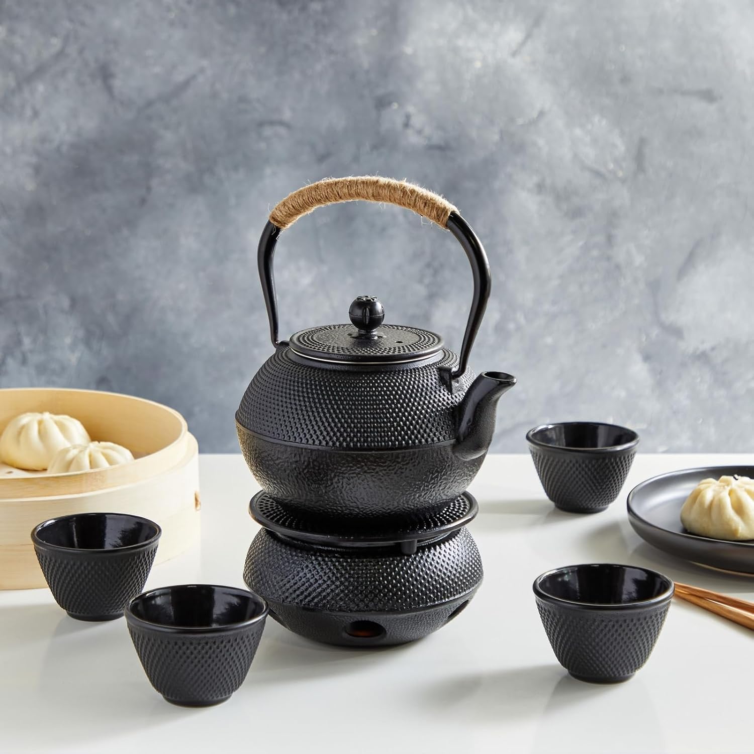 Juvale Tea Kettle Stovetop Japanese Cast Iron Tetsubin - 40 oz, Black - Cast Iron Tea Set & Teapot with Loose Leaf Infuser, Warmer & 4 Cups, Trivet