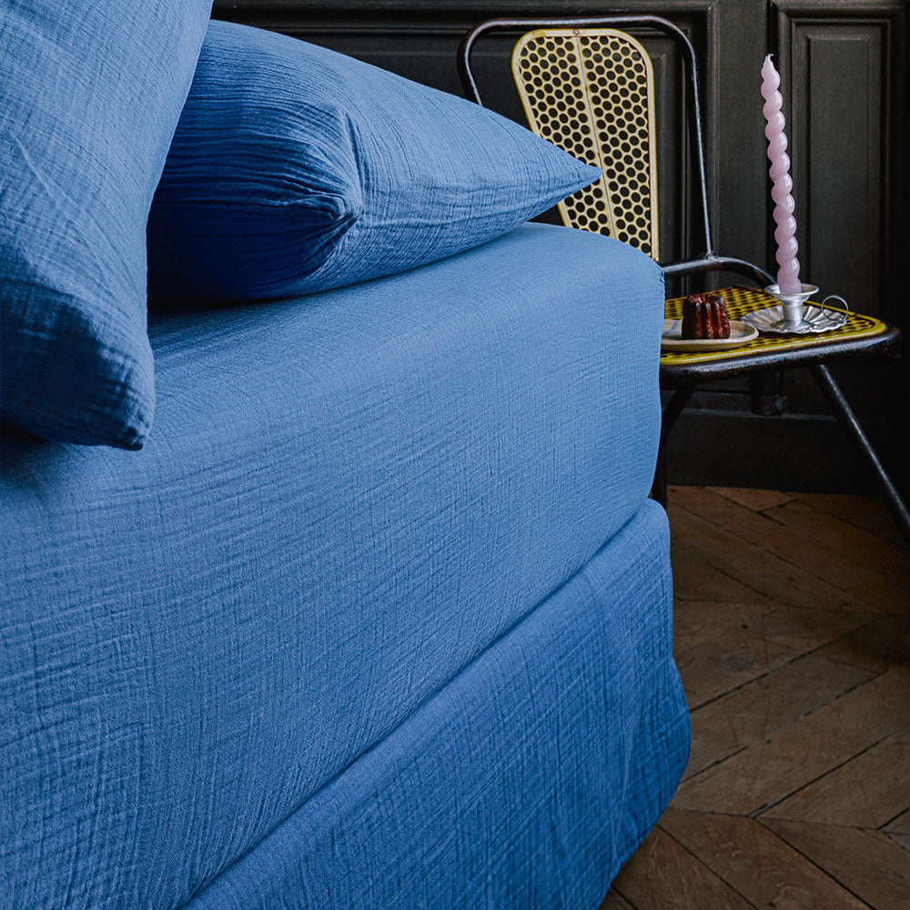 Drap-housse en gaze de coton - Bleu Pompidou