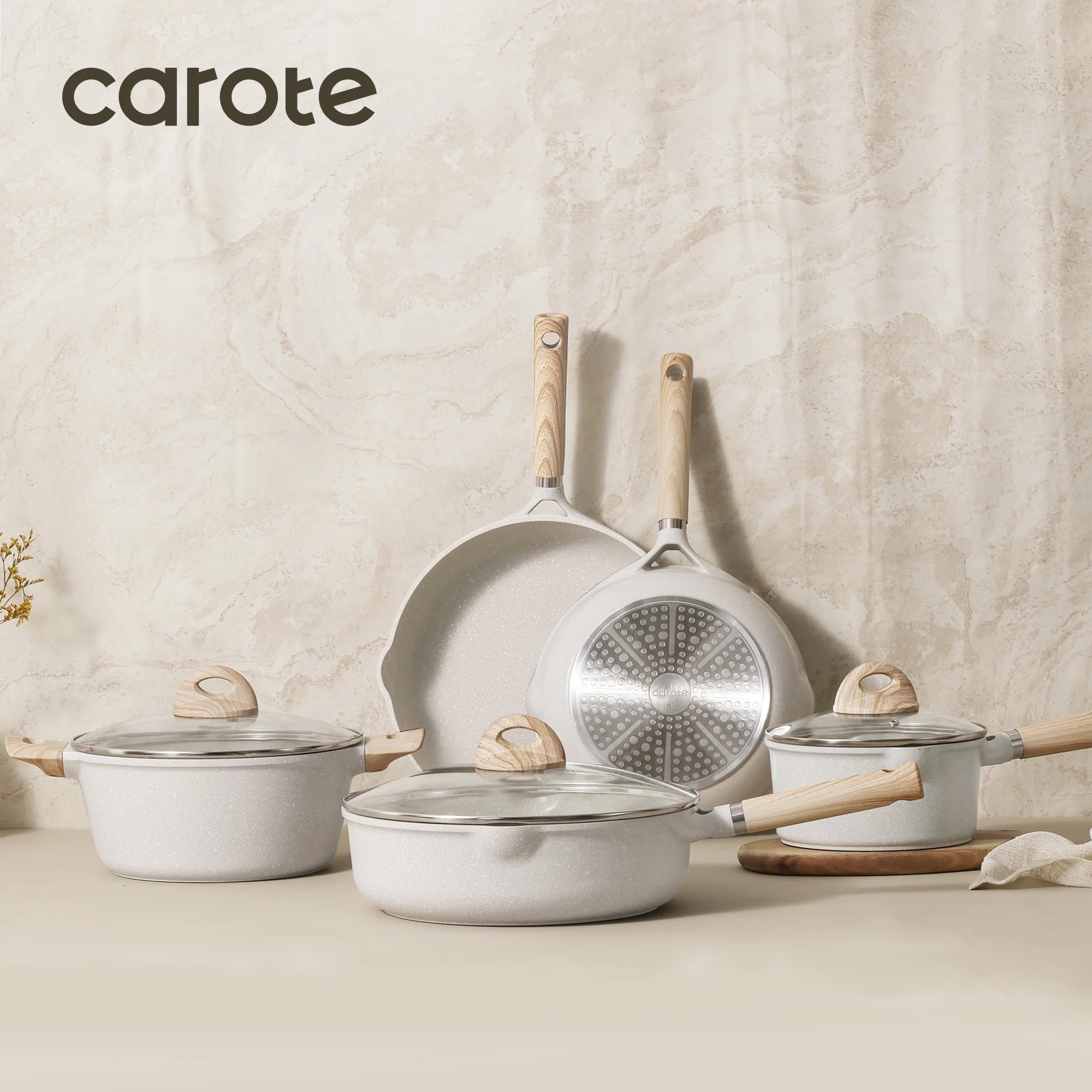 Carote Nonstick Cookware Set 21-Piece,Kitchen Pots and Pans Set,Stay-Cool Handles, Induction Compatible,Cookware Set for RV and Camping,Beige - Image 3